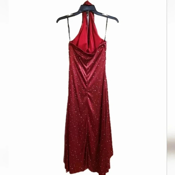 My Michelle Red and Silver Sparkle Satin Cocktail Formal Halter Hi-Lo Dress - Picture 3 of 9
